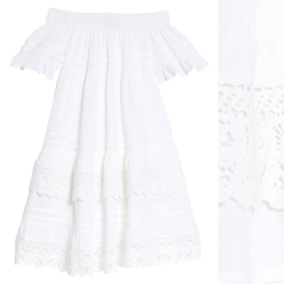 (WHITE) Flutter and Lace Off Shoulder Dress - Picture 3 of 4